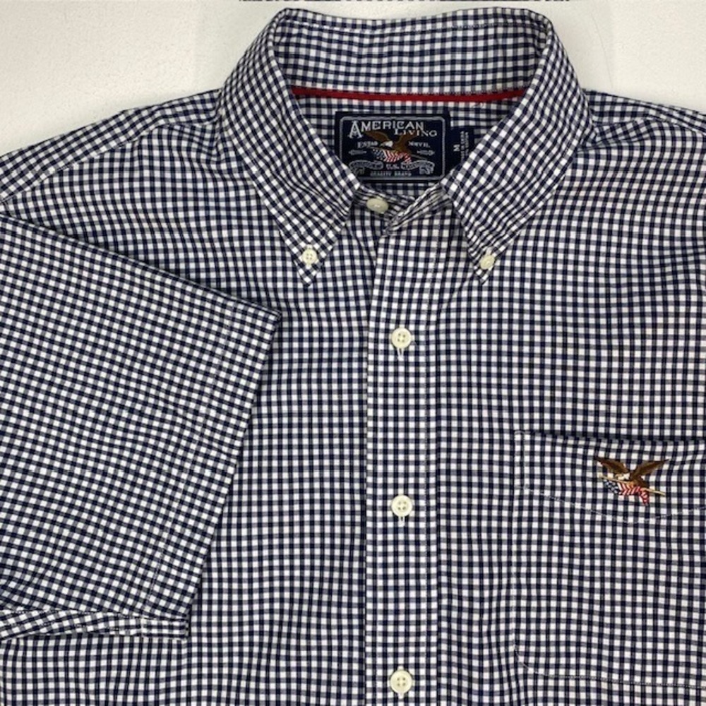 American Living Mens Navy Gingham Short Sleeve Button Down Shirt Size M NEW